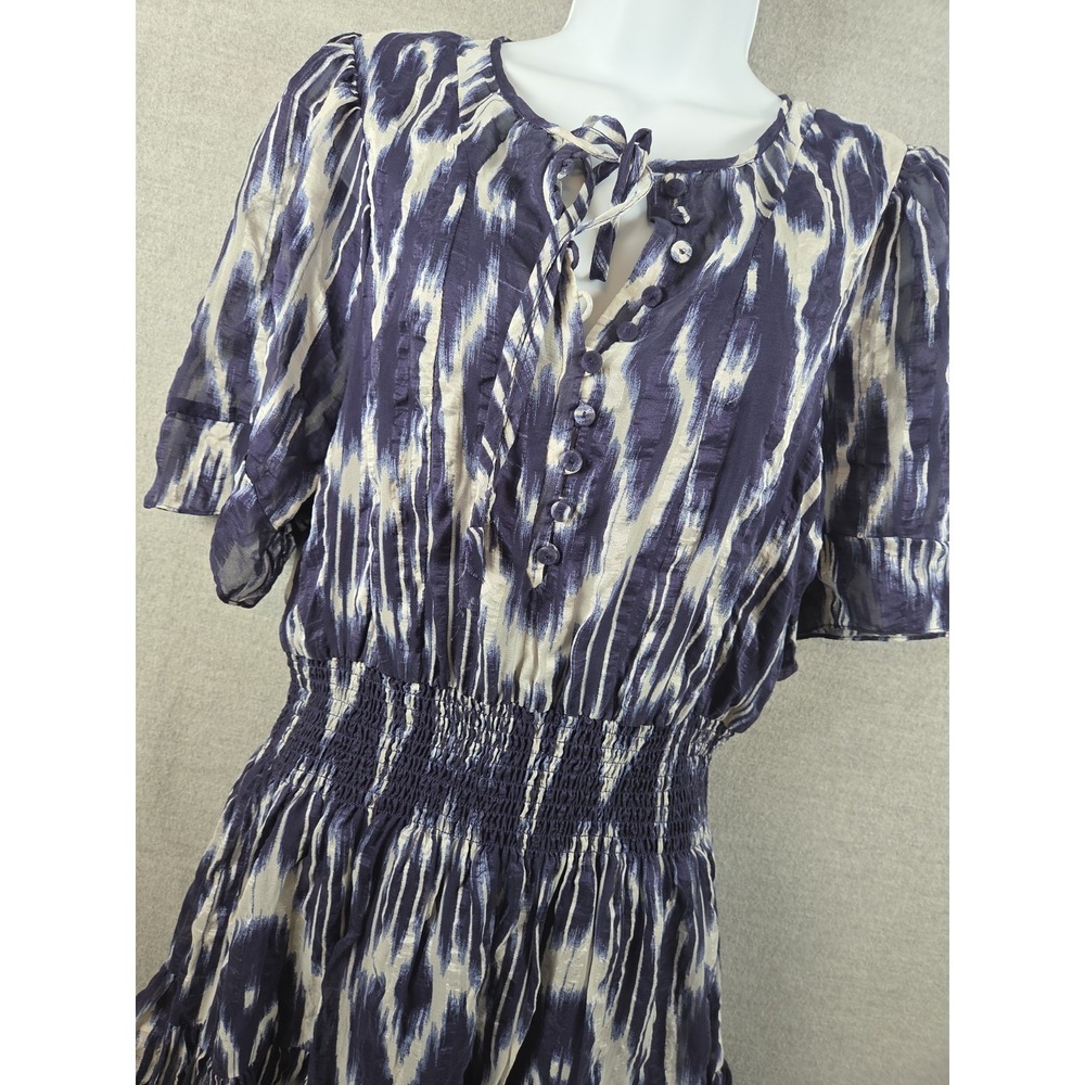 Rebecca Taylor Size 6 Silk Ikat Smock Waist Dress‎ Split Neck Tie Closure Blue